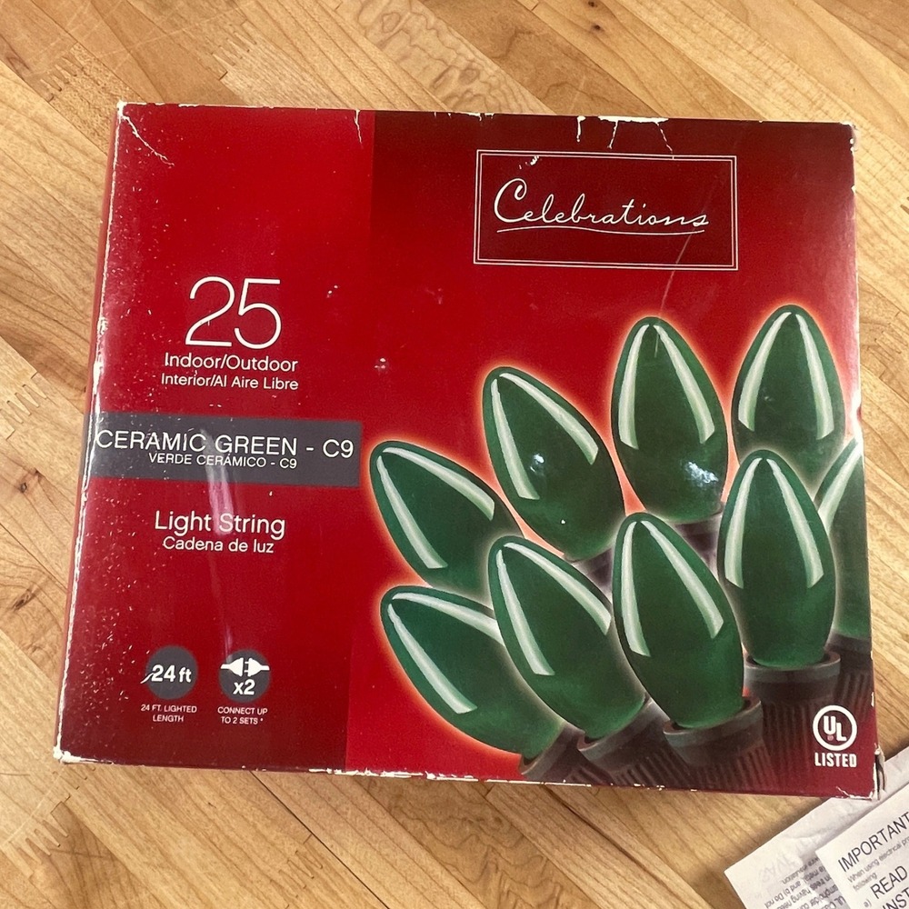 Celebrations C9 Ceramic Green Christmas Light String 25 Ct 24ft Indoor Outdoor